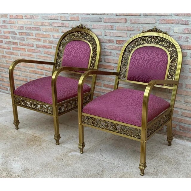 1940s Set of French Gold Brass & Bronze Armchairs with Pink Upholstery, 1940s For Sale - Image 5 of 12