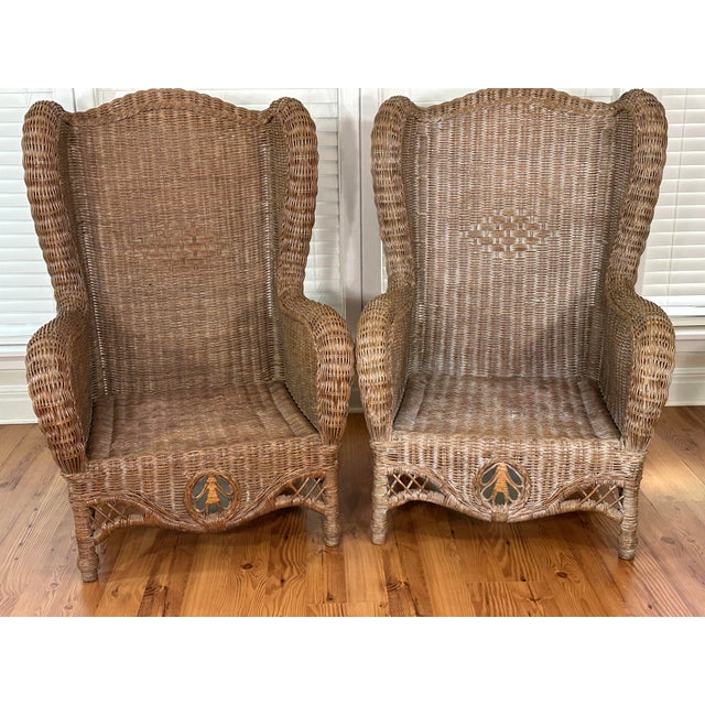 Vintage Victorian Style Woven Wicker Rattan Wingback Arm Chairs (2) W/ Ottoman For Sale In Little Rock - Image 6 of 12