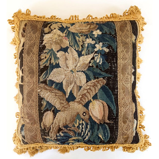 Antique 18th Century French Aubusson Tapestry 18" Square Pillows W/Lovely 2"Tassels, Birds and Florals For Sale In Houston - Image 6 of 14