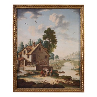 Italian Artist, Countryside Landscape with Genre Scene, 1750, Oil on Canvas, Framed For Sale