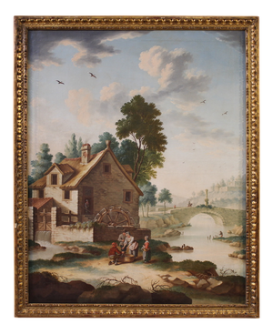 Italian Artist, Countryside Landscape with Genre Scene, 1750, Oil on Canvas, Framed
