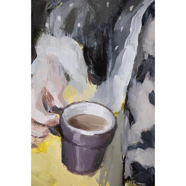 Coffee for Two by Nadezda | Oil on panel Woman seated with cups, featuring portraits on her dress. For Sale - Image 4 of 5
