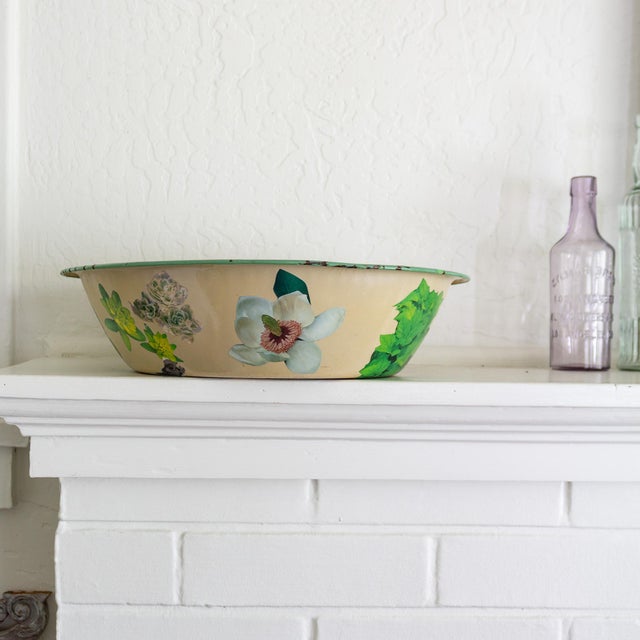 Farmhouse Vintage Floral Decoupage Large Enamelware Bowl For Sale - Image 3 of 12
