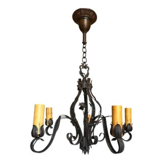 Vintage French Wrought Iron Chandelier With Forged Flowers For Sale