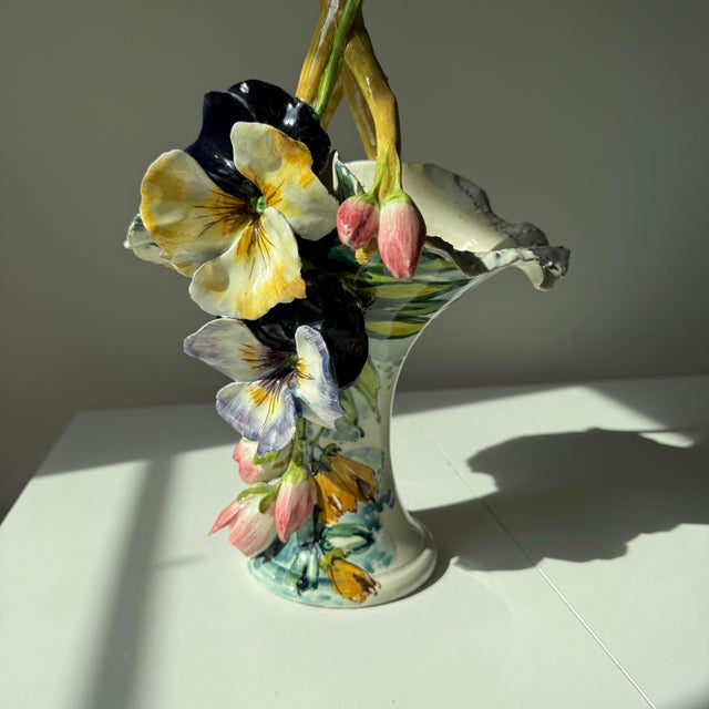 Mid 20th Century Mid 20th Century Italian Majolica Hand Painted Floral and Tulip Basket Vase For Sale - Image 5 of 12