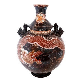 Large Japanese Meiji Satsuma Pottery Enamel Dragon Urn For Sale