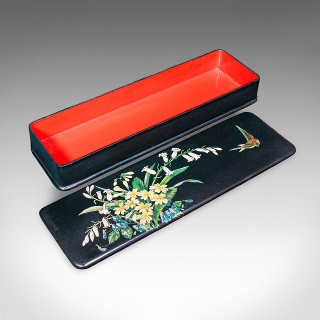 This is a vintage Japanned pen box. A Japanese, lacquered Papier-mâché calligrapher's quill case, dating to the Art Deco...