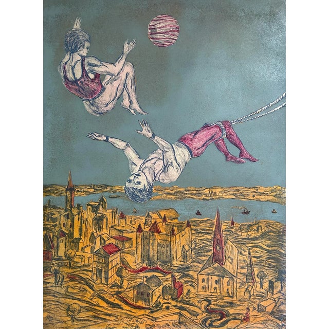 Vintage Original Colored Etching of Two Men on Trapeze For Sale - Image 4 of 8