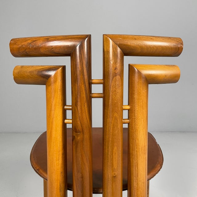 Italian Modern Wood and Brown Leather Chairs by Mobilgirgi, 1970s, Set of 6 For Sale - Image 9 of 18