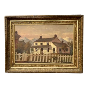 Antique Framed Folk Art Portrait Painting of a House