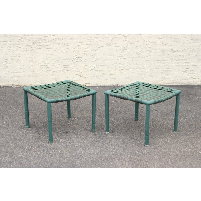High Quality Pair of Enameled Aluminum Outdoor Patio Stools, Each with Vinyl Latticework Seat, by Hauser (Not Labeled)