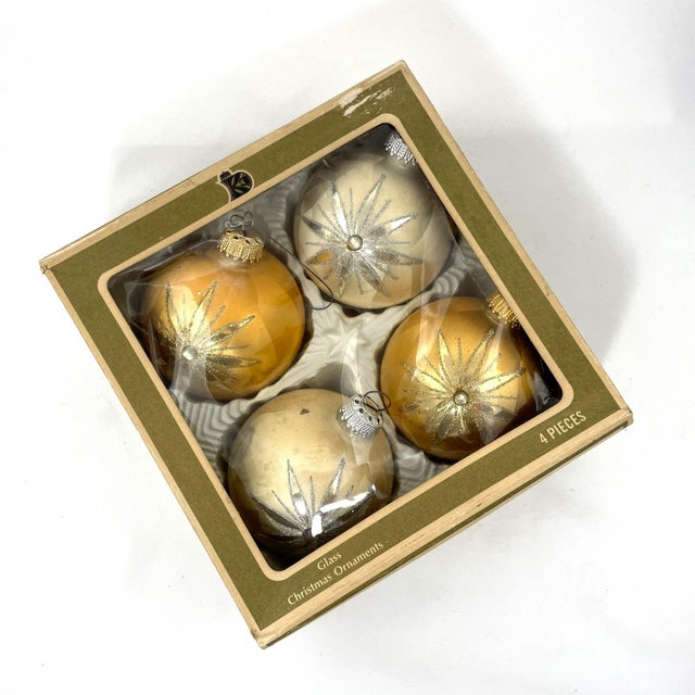 Mid 20th Century Gold & Ivory Glass Christmas Ornaments in Original Box - Set of 4 For Sale - Image 9 of 9