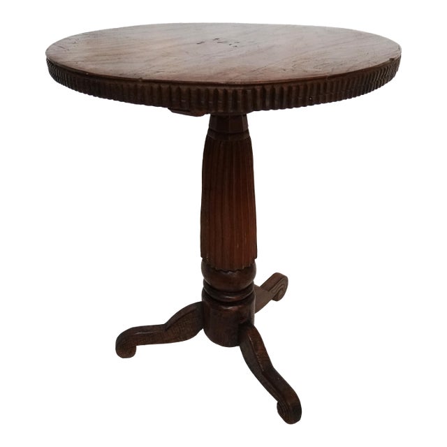 Antique Round Carved Wood Pedestal Side Table For Sale