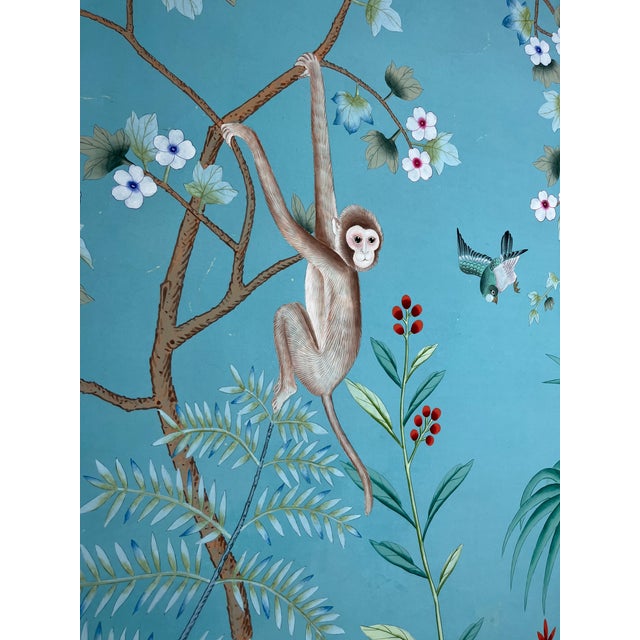 Not Yet Made - Made To Order Hand Painted Teal Tropical Chinoiserie Jungle Monkey Floral Mural 4-Panel Set For Sale - Image 5 of 6