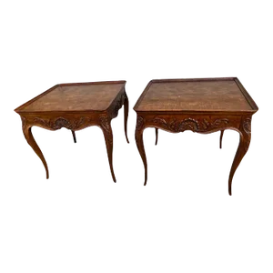 Late 20th Century Henredon Co Pair French Country Style Carved Burlwood End Tables