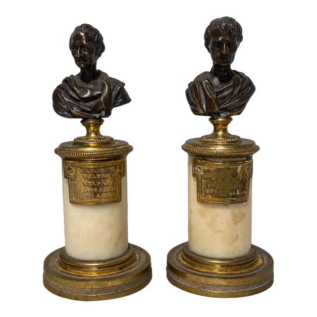 François Sellier, Pair French Neoclassical Bronze Busts of Voltaire and Rousseau For Sale