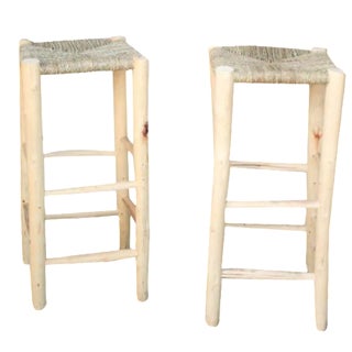 Moroccan Hand-Carved Bar Stools - A Pair For Sale