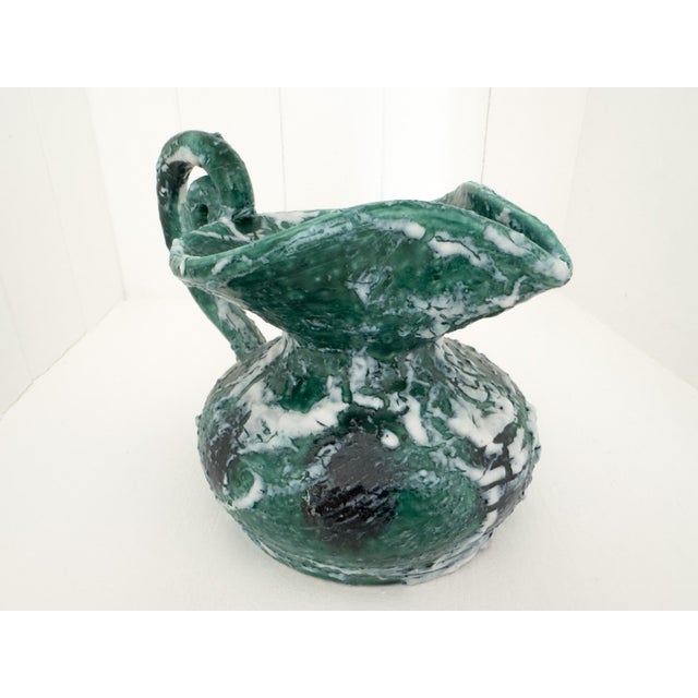 Mid-Century Modern Vintage Sculptural Green Lava Glaze Ceramic Ewer With Scroll Handle For Sale - Image 3 of 18
