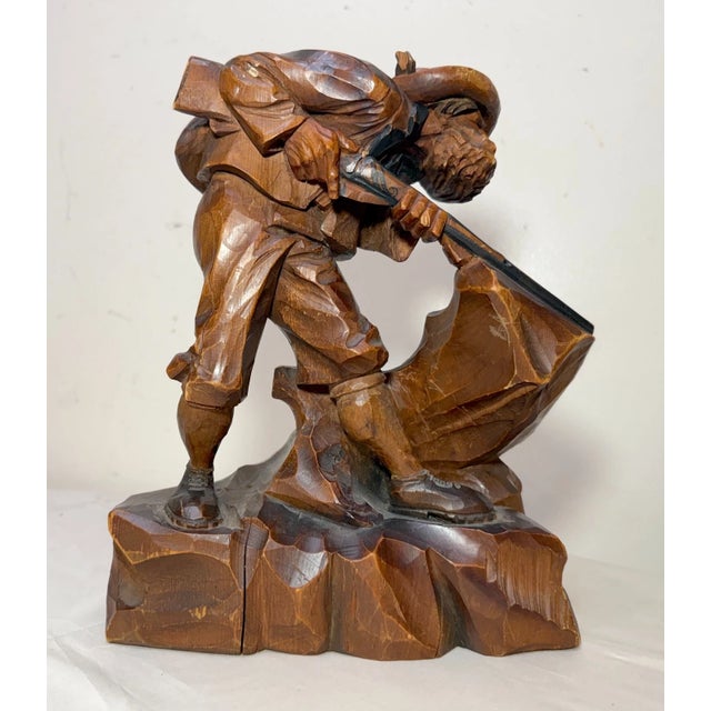 Share Antique Hand Carved Wood Folk Art Hunting Man With Rifle Sculpture Statue Figure For Sale In New York - Image 6 of 14