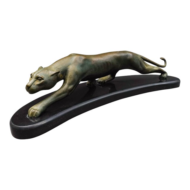 Georges Lavroff (Russian 1895-1961) Signed Bronze Panther Sculpture Slate Base For Sale