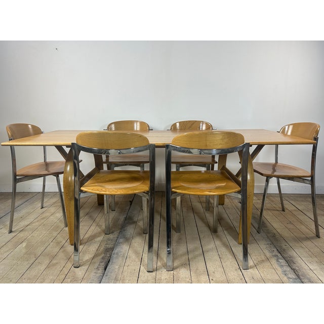 Wood Vintage Table and Chairs in Elm and Chrome Steel, 1980s, Set of 7 For Sale - Image 7 of 15