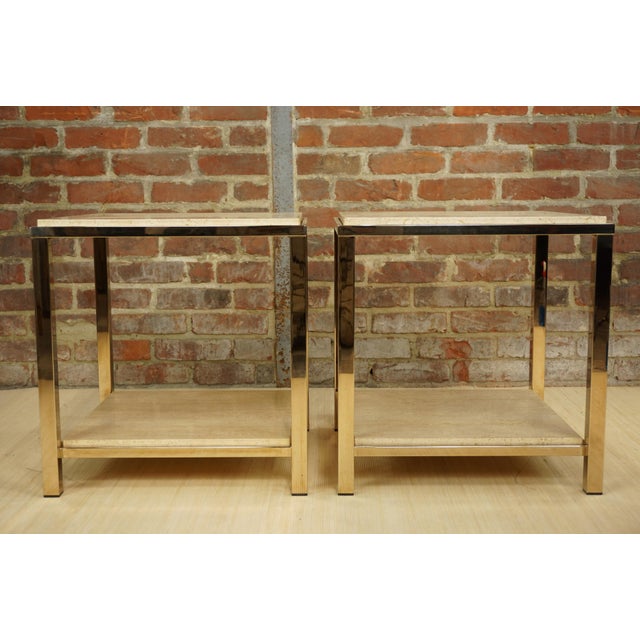 Mid-Century Modern Side Tables in Travertine and 24 Carat Gold from Belgo Chrom / Dewulf Selection, 1970s, Set of 2 For Sale - Image 3 of 15