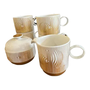 1950s Victor Vasarely Porcelain Cups, Creamer, and Covered Sugar Bowl in White and Brown With Gilt Decoration- 7 Pieces