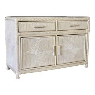 1980’s Coastal White Washed Cerused Pencil Reed Rattan Sideboard For Sale