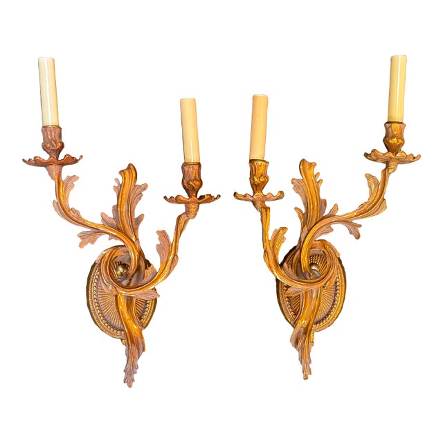 Late 20th Century Louis XV Rococo Style Gilt Bronze Wall Sconces, Pair For Sale
