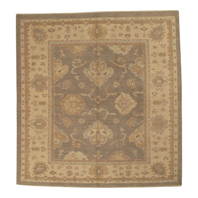 Vintage Oushak Carpet, Oriental Rug, Handmade Grey, Ivory, Saffron For Sale