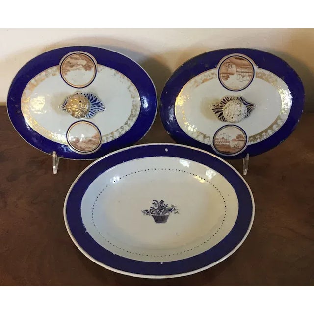 1810 Antique Chinese Export Porcelain Entree Serving Dish Painted with Sepia Landscapes - 3 Pieces For Sale - Image 4 of 12