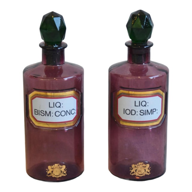 Antique Medical Apothecary Bottles With Stoppers and Labels - Set of Two For Sale