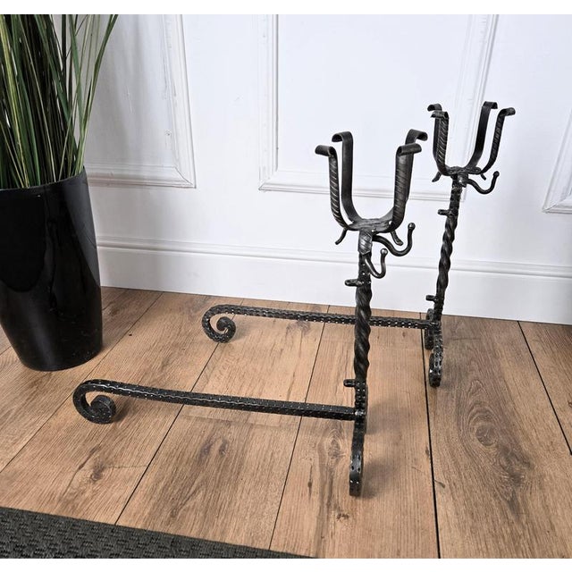 1920s Antique Italian Wrought Iron Andirons, 1920s, Set of 2 For Sale - Image 5 of 8