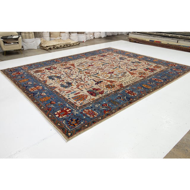 Modern Designed Serapi-Style Wool Rug in Beige and Blue For Sale - Image 4 of 9