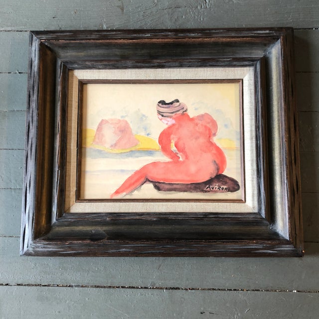 Vintage Original Female Nude in Beach Modernist Watercolor Painting Carved Wood Frame For Sale In Philadelphia - Image 6 of 6
