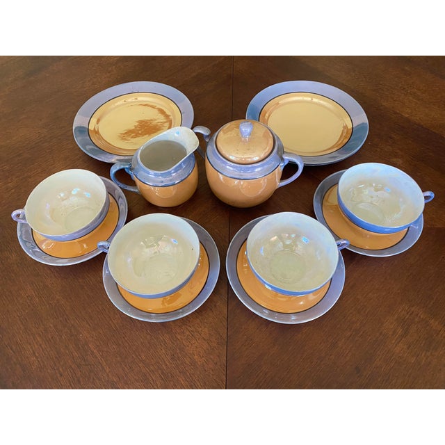 Japanese 1930s Blue and Peach Japanese Lusterware Tea Set- 15 Pieces For Sale - Image 3 of 9
