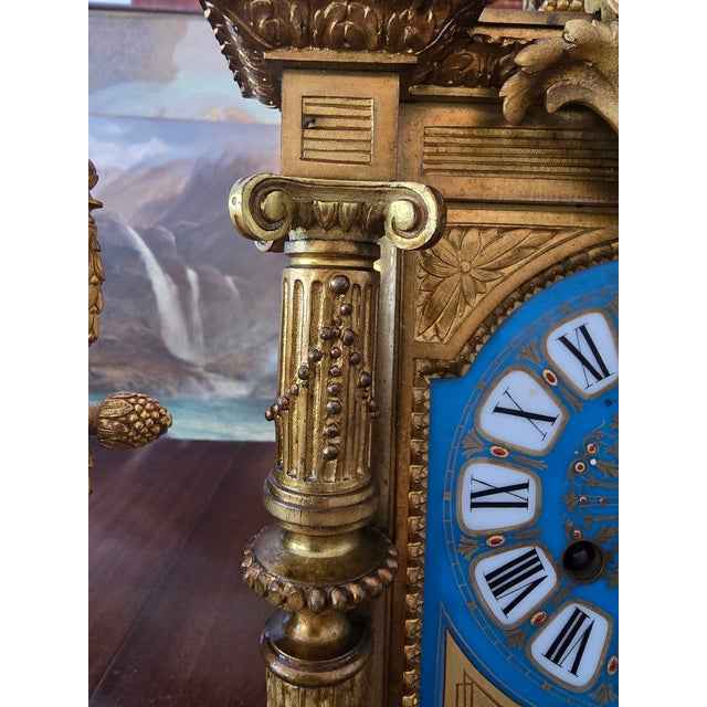 Antique Sevres Style Jeweled Clock Set Ormolu Bronze For Sale - Image 9 of 18