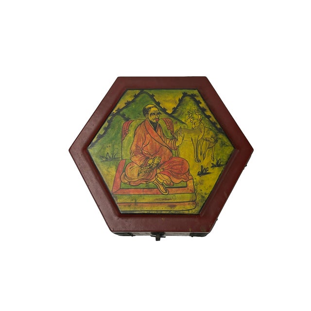 Oriental Hexagonal Red Color Lohans Monks Drawing Accent Box For Sale In San Francisco - Image 6 of 7
