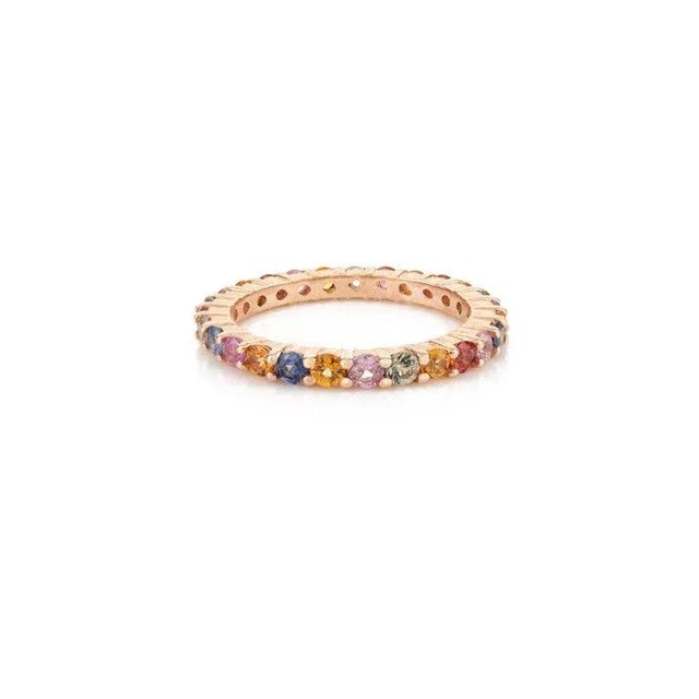 Modern Pop Art Style Rainbow Sapphire Eternity 14k Rose Gold Ring Size 7 For Sale - Image 3 of 12