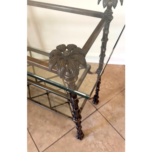 Metal Hollywood Regency Bronzed Metal Faux Bamboo Console Table With Palm Tree Finials For Sale - Image 7 of 12