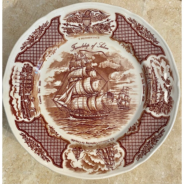 Gorgeous vintage set of six brown transfer-ware, Staffordshire England “Friendship of Salem” dinner size plates. Marked on...