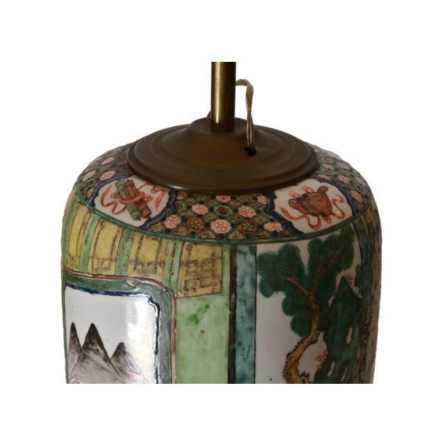 Signed Hand-Painted Chinese Porcelain Table Lamp with Original Shade For Sale - Image 4 of 9