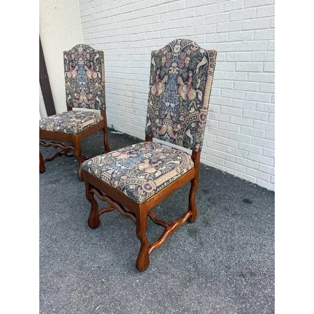 Late 20th Century Pair of Vintage French Style Hand Pegged Mutton Leg Tapestry Upholstery Chairs. For Sale - Image 5 of 11