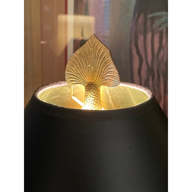 Pair Vintage 1987 Chapman Brass Dolphin Buffet Lamps Black Gold Foil Shades 37" For Sale - Image 11 of 13