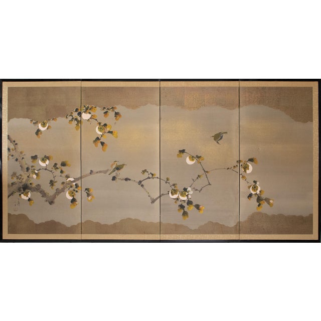 "Sparrows and Persimmon", Showa Era Japanese Yamato-E Style Byobu Screen For Sale - Image 18 of 18