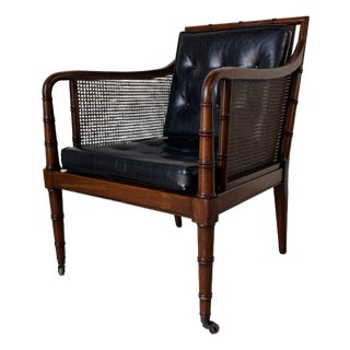 1970s Hickory Chair Regency Style Faux Bamboo Caned Lounge Armchair on Brass Casters For Sale