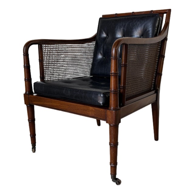 1970s Hickory Chair Regency Style Faux Bamboo Caned Lounge Armchair on Brass Casters For Sale