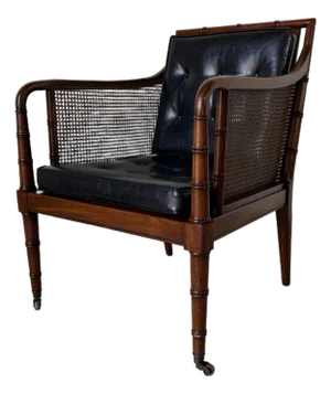 1970s Hickory Chair Regency Style Faux Bamboo Caned Lounge Armchair on Brass Casters