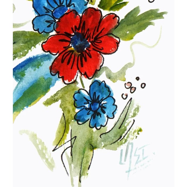 Charming watercolor of flowers by artist Armando Sanchez. C.2010 Signed lower right. Original artwork on paper displayed...