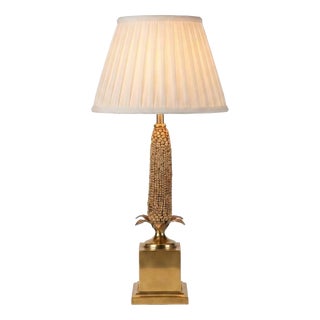 Brass Corn Table Lamp with White Pleated Shade, 1970s For Sale